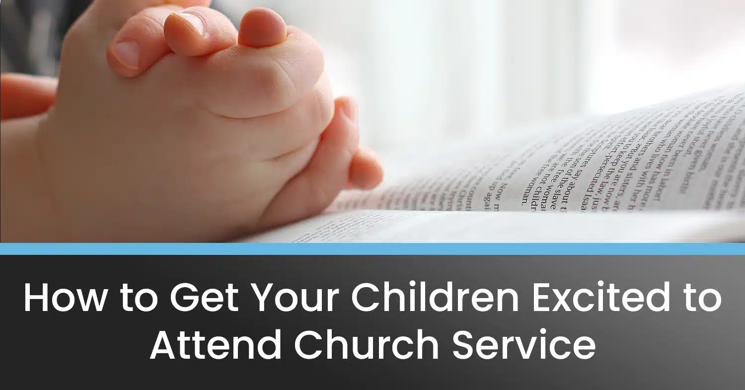 A child clasping their hands over the Bible during church service.